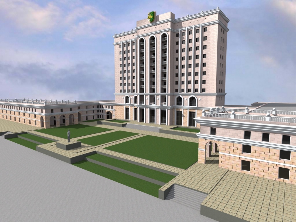 التصاميم الثلاث للخيارات الممكنة لإعادة إعمار مبنى مجلس الوزراء القديم في جمهورية أبخازيا .